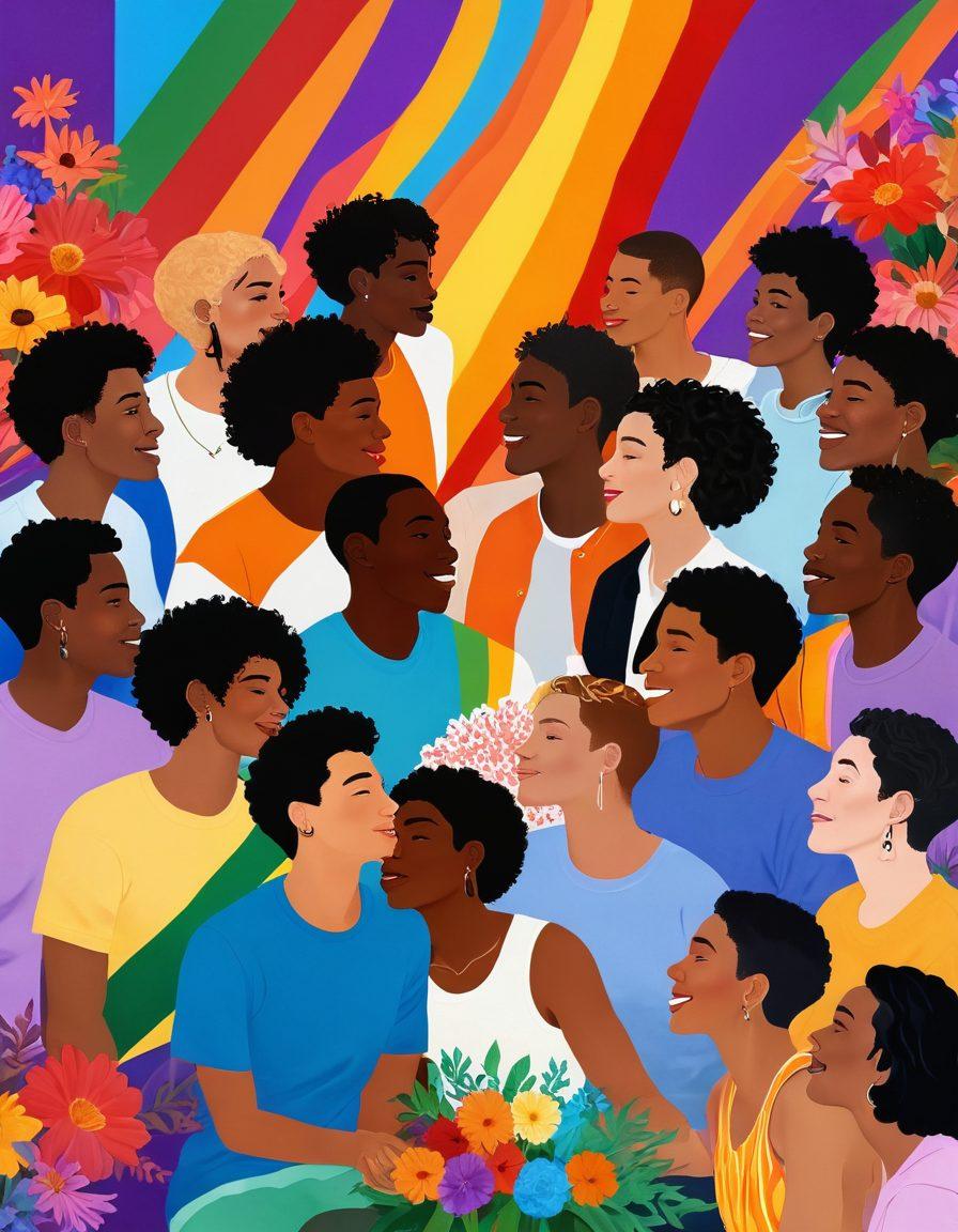 A vibrant gathering of diverse LGBTQ+ individuals engaged in deep conversation, surrounded by symbols of connection such as colorful flowers and pride flags. There are elements depicting arousal, like abstract shapes that represent intimacy, subtly blending into the background. The atmosphere is warm and welcoming, with a soft glow highlighting faces full of joy and openness. super-realistic. vibrant colors. warm lighting.