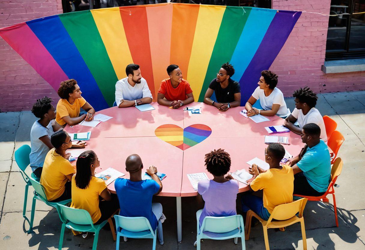 A vibrant, welcoming scene depicting a diverse group of individuals engaged in an open discussion around a colorful round table, symbolizing the LGBTQ+ community. Include elements of love and acceptance like rainbow flags and heart symbols. The background captures a lively urban setting with soft pastel colors to convey warmth and inclusivity. Add decorative light elements resembling stars to evoke a sense of exploration and joy. super-realistic. vibrant colors. warm tones.