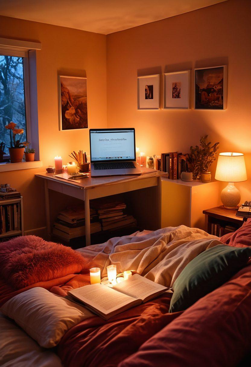 A tasteful and artistic representation of a cozy, inviting room filled with soft, ambient lighting. In the foreground, an open laptop displays various adult forum webpages, surrounded by sensual art pieces and books about sexual exploration. Highlighted elements include plush cushions and candles, creating an atmosphere of comfort and intimacy. The overall color palette should be warm and inviting, suggesting exploration and discovery. soft focus. romantic ambiance. vibrant colors.